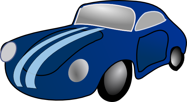 Blue cartoon sports car with light blue racing stripes and silver accents on black background.