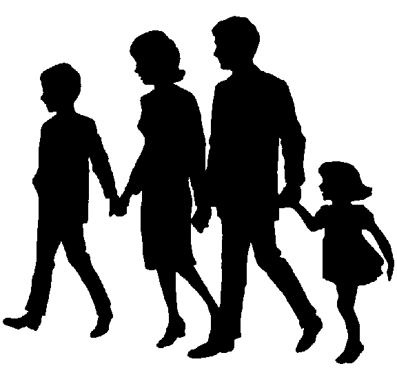 Silhouette of a family of four walking together, holding hands in unity and connection.