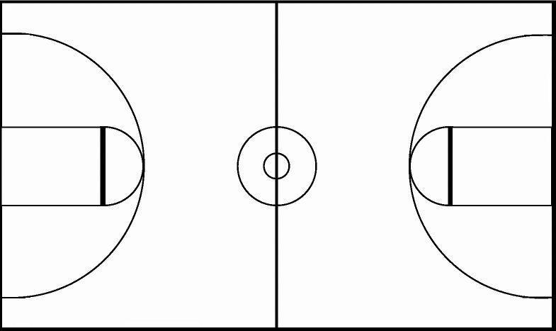 Top-down line drawing of a standard basketball court layout with center circle, free-throw lanes, and three-point arcs.