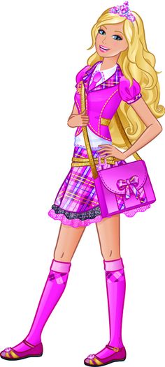 Barbie doll in a pink plaid school outfit with matching bag and knee-high socks, smiling confidently.