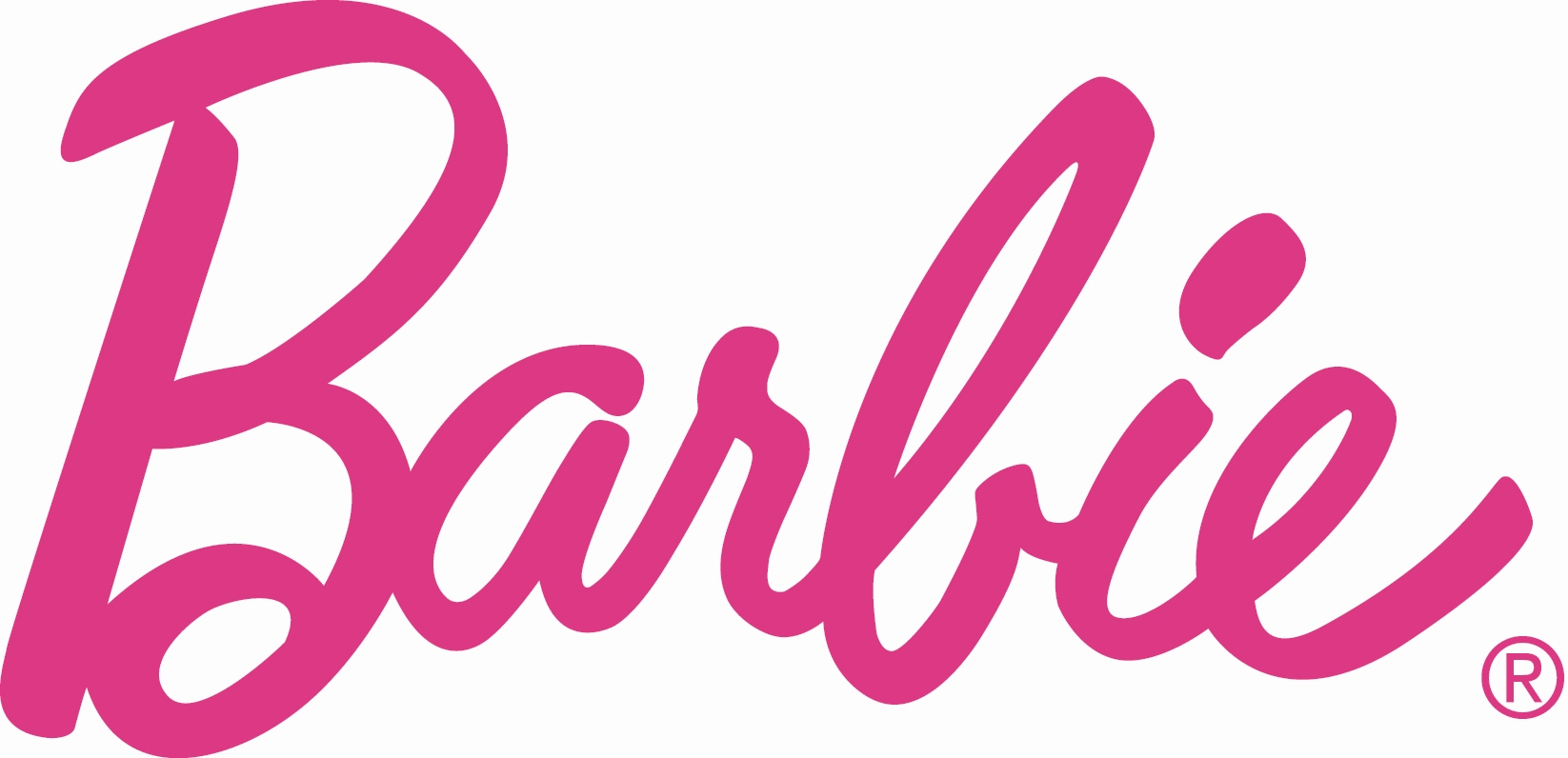 Barbie logo in vibrant pink cursive script on white background, with registered trademark symbol.