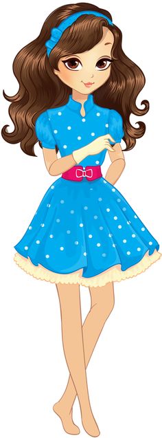 Animated girl with brown wavy hair, blue polka-dot dress, pink belt, and matching headband, standing barefoot.