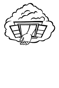 A hand opening a window in a cloud, symbolizing cloud computing access or data retrieval.