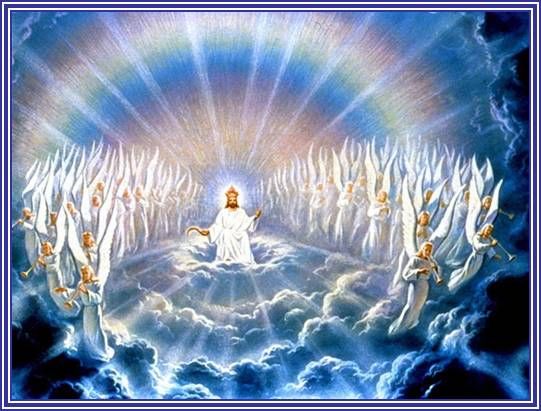 Jesus Christ seated on a cloud surrounded by angels with trumpets, radiant light and rainbow arch overhead.