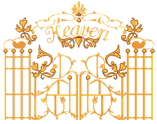Ornate golden gate with "Heaven" inscription, floral motifs, and heart accents on white background.