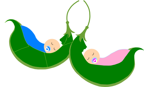 Two cartoon babies sleeping in green pea pods, one swaddled in blue, the other in pink, symbolizing twins.