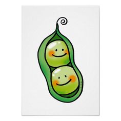 Two cheerful green peas with smiling faces inside a curved green pod, illustrated in a playful cartoon style.