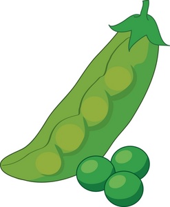 A vibrant green pea pod with visible peas inside, alongside three loose round peas on a white background.