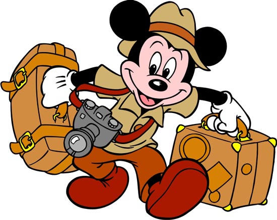 Mickey Mouse dressed as an explorer with a camera, backpack, and suitcase, ready for adventure.