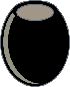 A glossy black olive with a light beige pit, depicted in a simple vector illustration style.