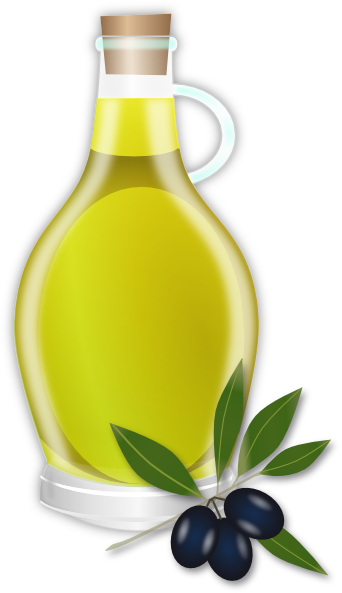 A clear glass bottle of golden olive oil with a cork stopper, accompanied by fresh black olives and green leaves.