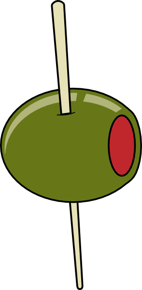 A green olive stuffed with red pimento, pierced by a wooden toothpick, on a white background.