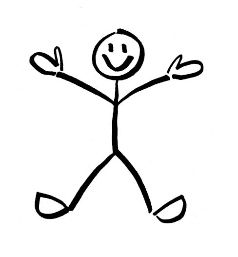 Joyful stick figure with raised arms and smiling face, symbolizing happiness and celebration.