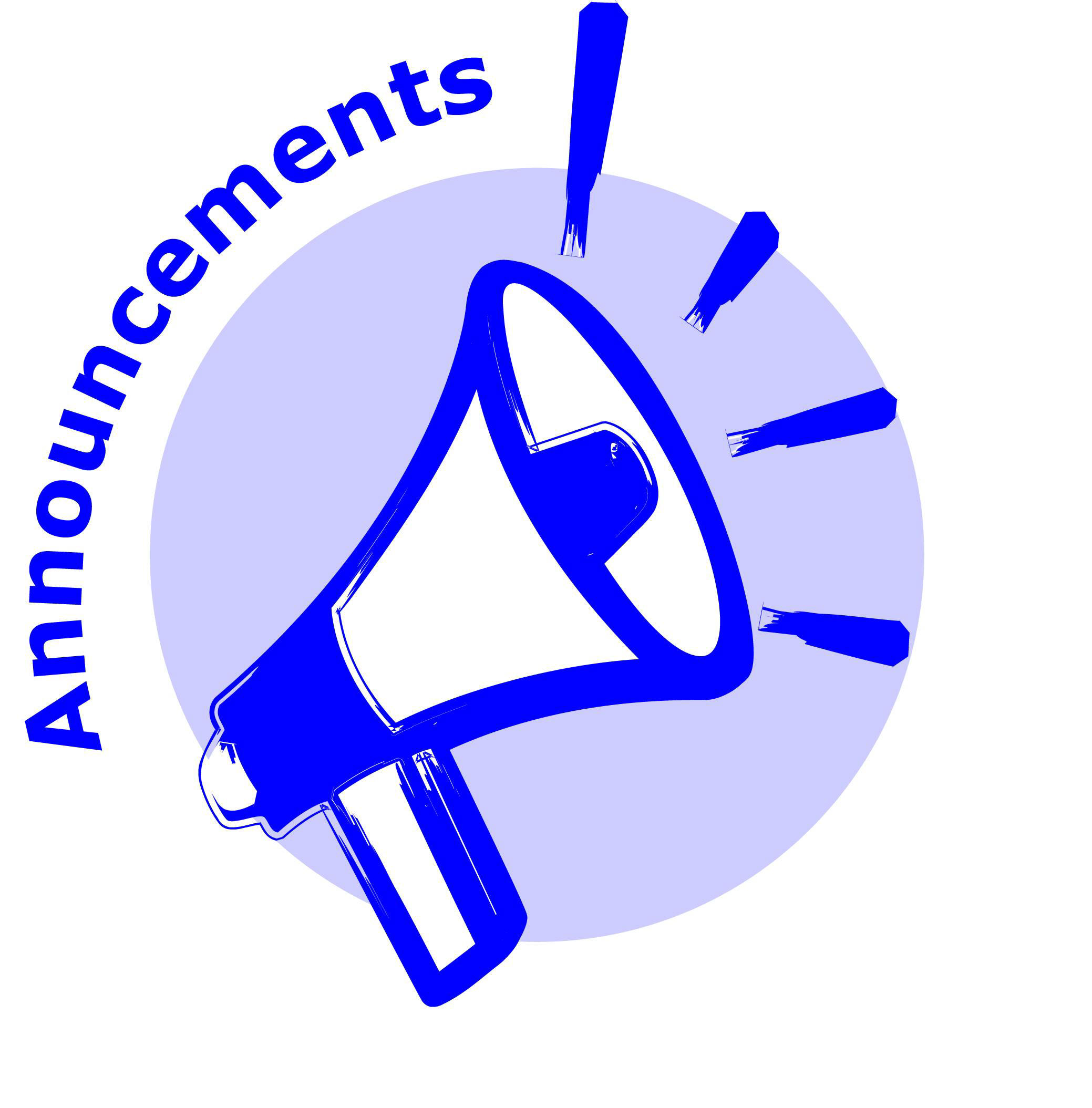 Blue megaphone with "Announcements" text and sound rays on light purple background
