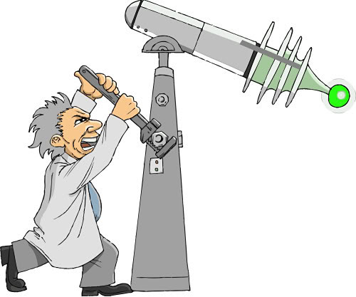Mad scientist tightening a giant syringe-like device with a wrench, green liquid glowing at the tip.