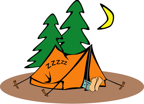 Orange camping tent with "ZZZZ" under pine trees and a crescent moon, feet visible at the entrance.