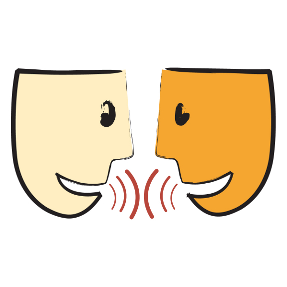 Two smiling speech bubble faces communicating with sound waves between them.