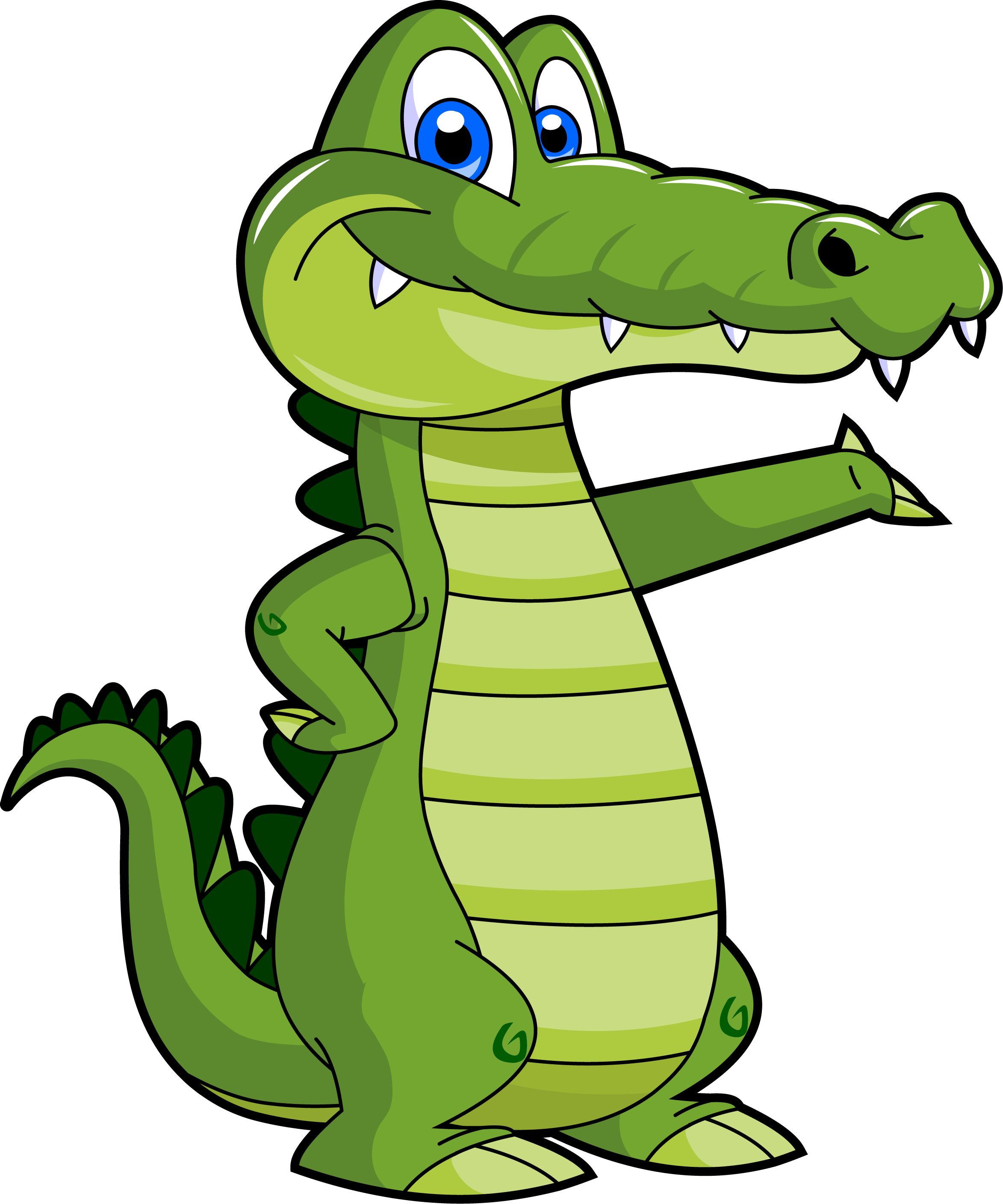 Friendly green cartoon crocodile with blue eyes, smiling and pointing to the side.