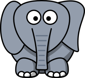 Friendly cartoon elephant with large eyes and a smiling trunk, sitting against a black background.