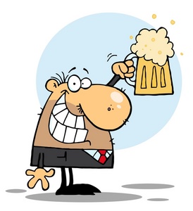 Happy cartoon businessman cheering with a foamy beer mug in hand.