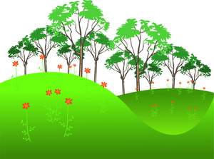 Lush green hills with blooming red flowers and leafy trees under a clear sky.
