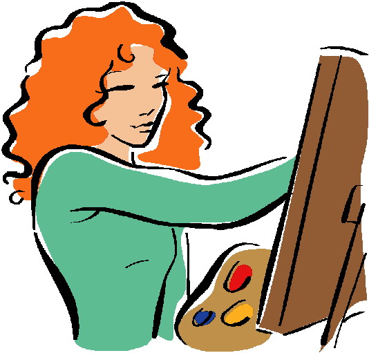 A woman with curly orange hair paints on a canvas with a palette of colorful paints.