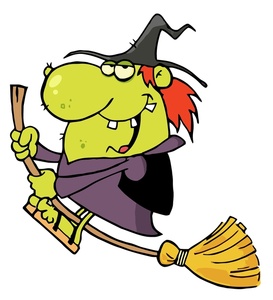 Green cartoon witch with pointy hat and red hair flying on a broomstick, smiling mischievously.