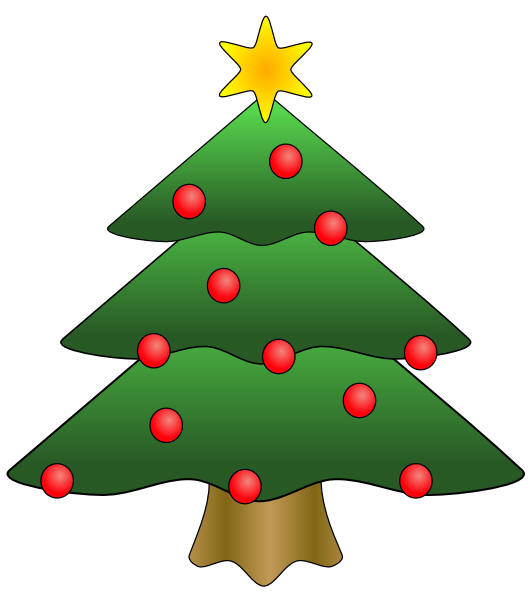 Green Christmas tree with red ornaments and a yellow star on top, cartoon-style illustration.