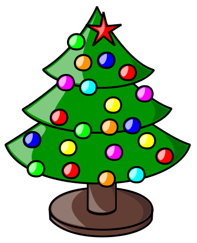 Cheerful cartoon Christmas tree with colorful ornaments and a red star on top, mounted on a brown base.