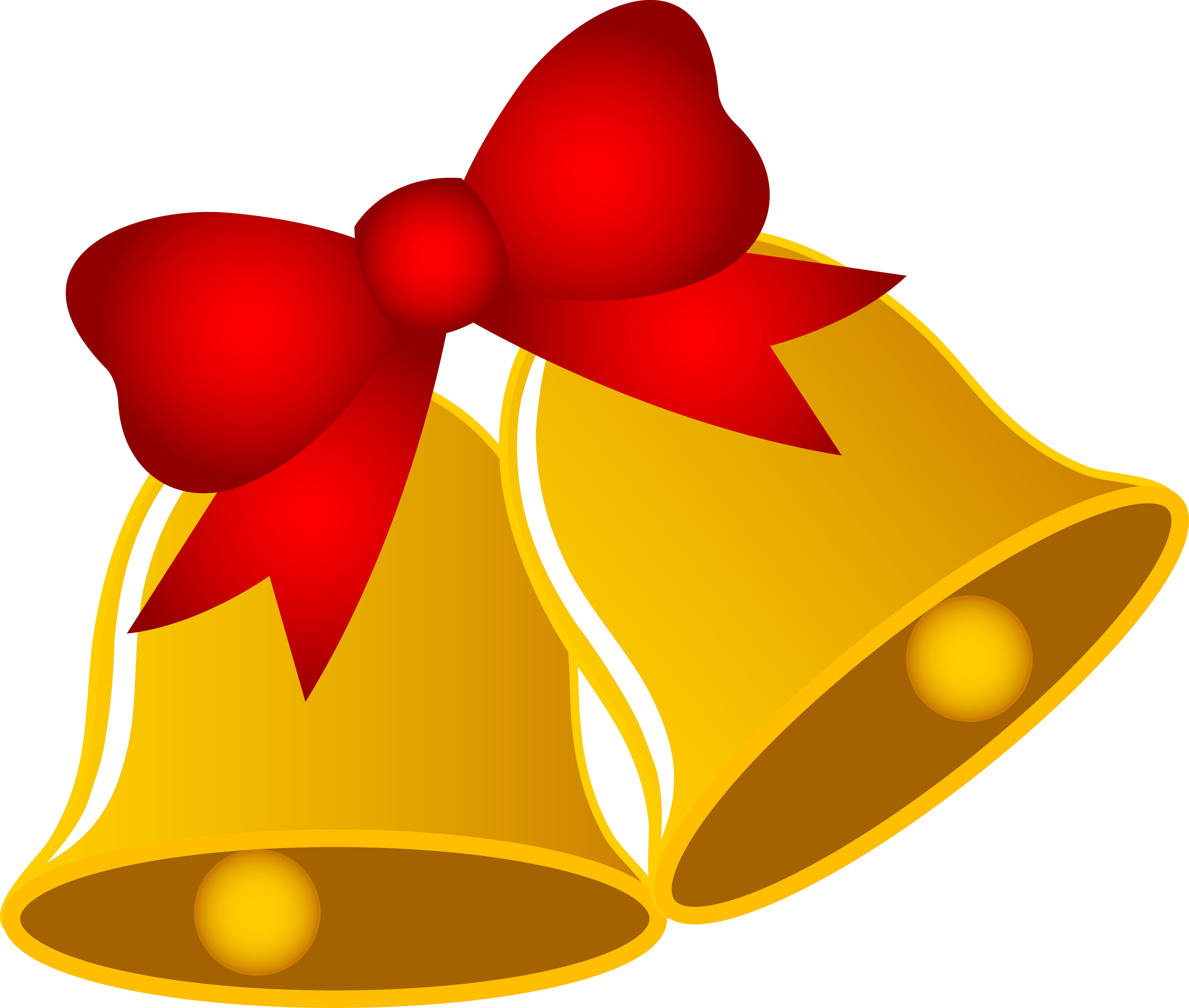 Golden Christmas bells with a vibrant red bow, festive and shiny against black background.