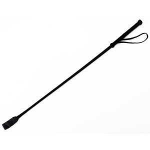 Black riding crop with leather grip and wrist strap, isolated on white background.