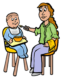 A smiling woman feeds a baby sitting in a high chair with a spoon and bowl of food.