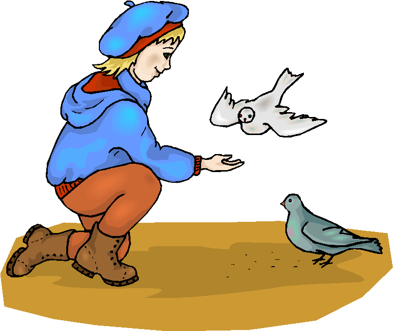 Child in blue beret and coat feeding pigeons on ground, one bird flying close, another pecking seeds.
