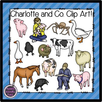 Charlotte and Co. clip art featuring farm animals, a girl with a piglet, a spider, and a boy with a book-colorful educational illustration.