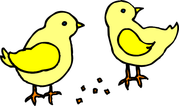 Two cheerful yellow cartoon chicks pecking at scattered seeds on a black background.