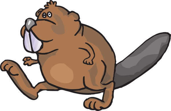 Cartoon beaver running with large front teeth and flat tail, brown fur, expressive eyes.