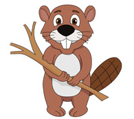 Friendly cartoon beaver holding a branch and smiling, with a large flat tail and prominent teeth.