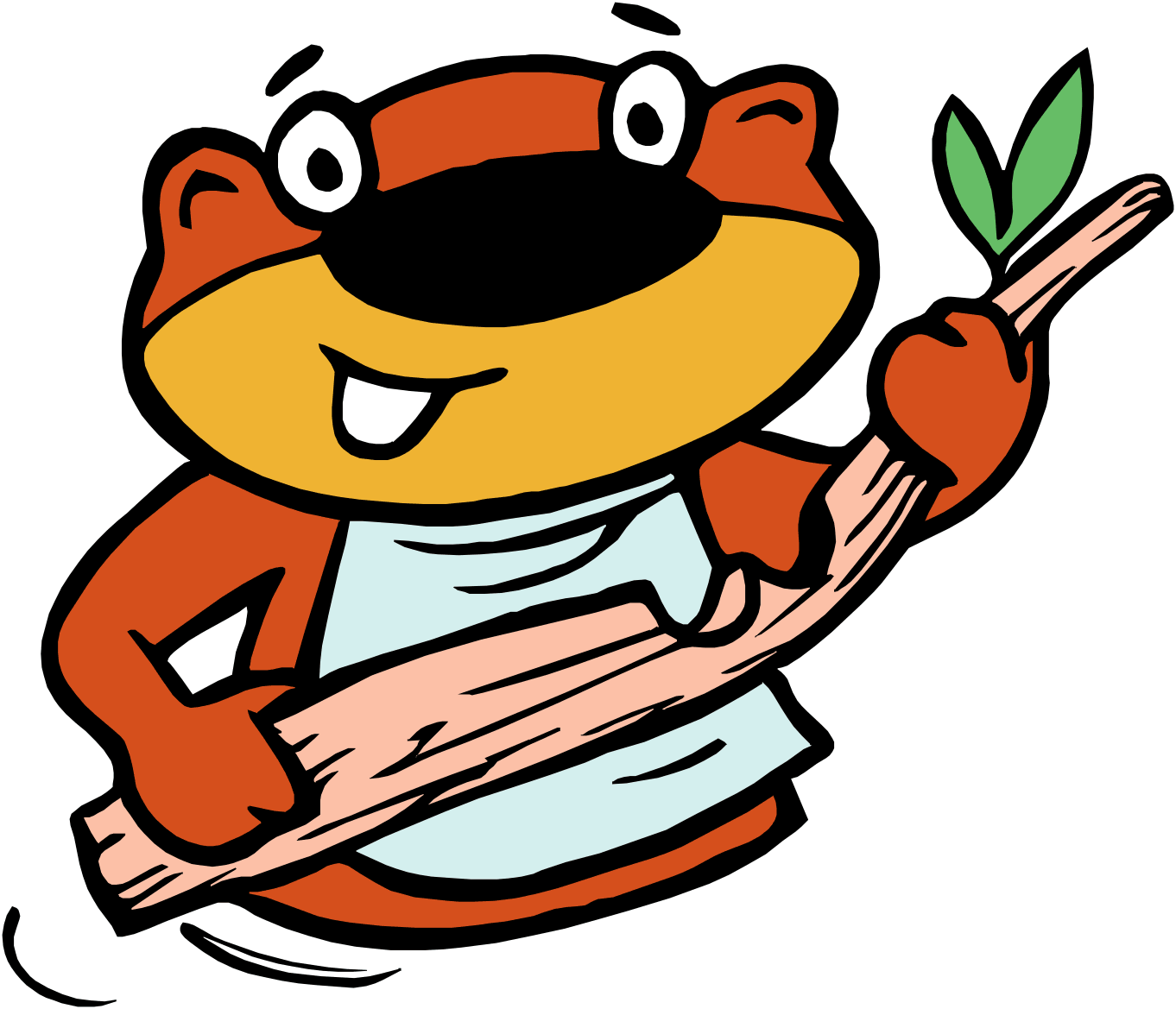 Cheerful cartoon beaver in a light blue apron holding a fresh carrot with green leaves, smiling broadly.