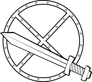 A sword diagonally crossing a circular shield with riveted edges and an X-shaped reinforcement pattern.