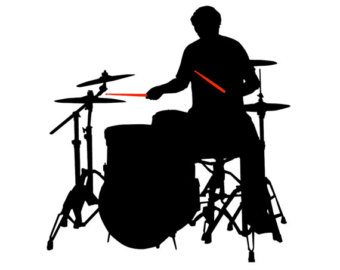 Silhouette of a drummer playing a full drum kit with red drumsticks, captured in dynamic action against a white background.