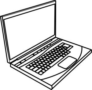 Black-and-white line drawing of an open laptop with keyboard and trackpad visible.