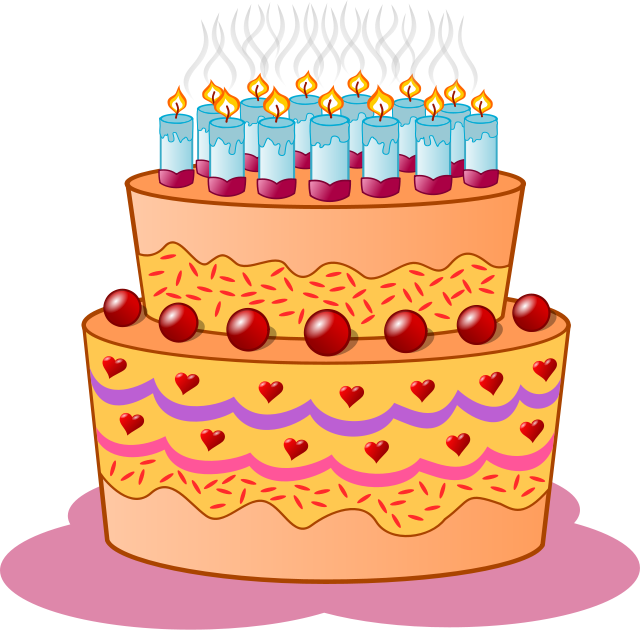 Festive Two-Tier Birthday Cake with Candles and Heart Decorations