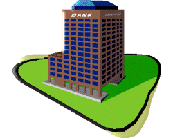 3D illustration of a modern bank building with blue windows on a green plot of land.
