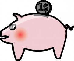 Pink cartoon piggy bank with a $1 coin inserted into its slot, symbolizing saving money.