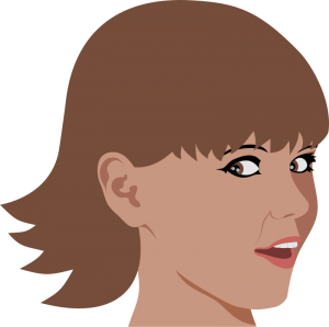 Illustration of a woman with brown bob haircut, expressive eyes, and slight smile in profile view.