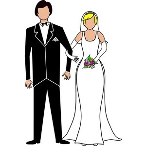 Cartoon illustration of a bride in white gown holding bouquet and groom in black tuxedo, standing side by side.