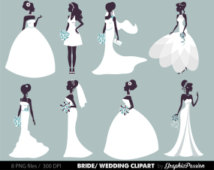 Eight elegant bride silhouettes in various wedding gown styles holding bouquets, vector illustration on light gray background.