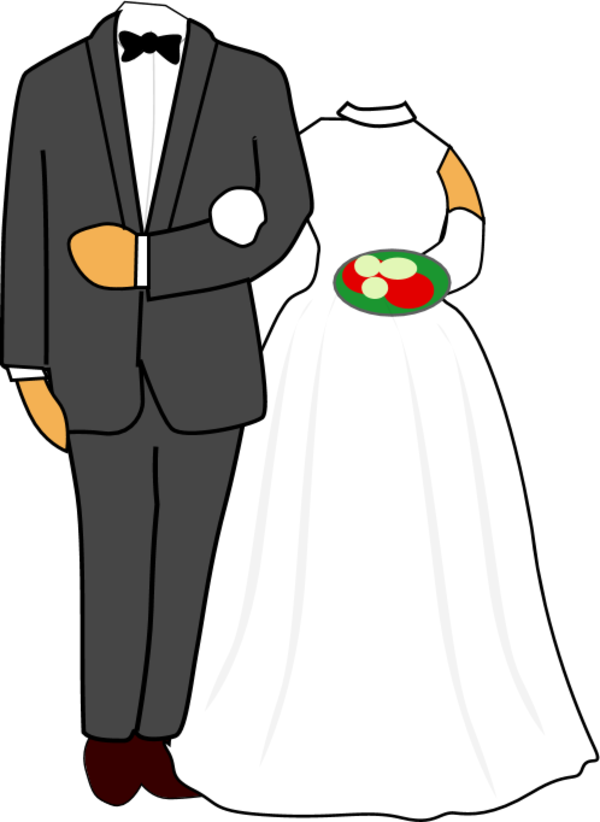 Cartoon-style bride and groom in formal wedding attire, holding a colorful bouquet.