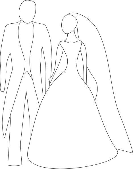Silhouette outline of a bride in a flowing gown with veil and a groom in a formal suit, holding hands.