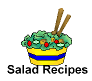 Colorful salad in a yellow-and-blue striped bowl with wooden tongs, labeled "Salad Recipes".